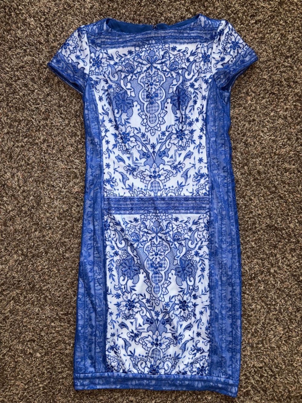 NWOT Tadashi Shoji Blue White Floral Lace Cocktail Sheath Midi Dress, Size 10 - Picture 3 of 16